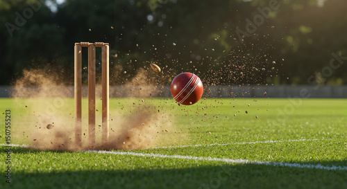 3D render of cricket stumps flying apart with dust and grass particles, dramatic camera angle, realistic materials and strong sunlight with shadows, intense sports action freeze-frame