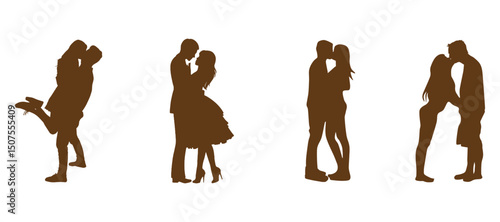 Romantic Couple Kiss Silhouettes Set - Vector Illustration