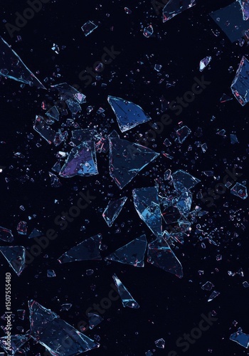Dynamic shattered glass pieces against dark background for abstract design