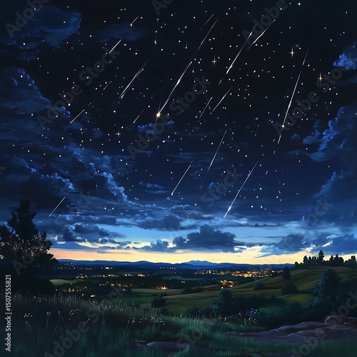 A captivating view of a night sky with shooting stars over a valley.