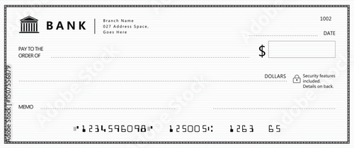 Bank check, vector blank money cheque, checkbook template with guilloche pattern and fields. Currency payment coupon, money check background