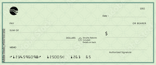 Blue Bank check, vector blank money cheque, checkbook template with guilloche pattern and fields. Currency payment coupon, money check background	