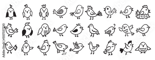 cute birds forest animal characters doodle hand drawn icon set. Outline drawing birds line clipart symbol collection
