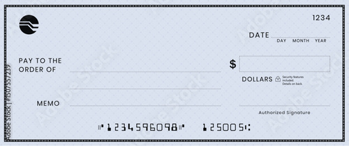 Blue Bank check, vector blank money cheque, checkbook template with guilloche pattern and fields. Currency payment coupon, money check background	