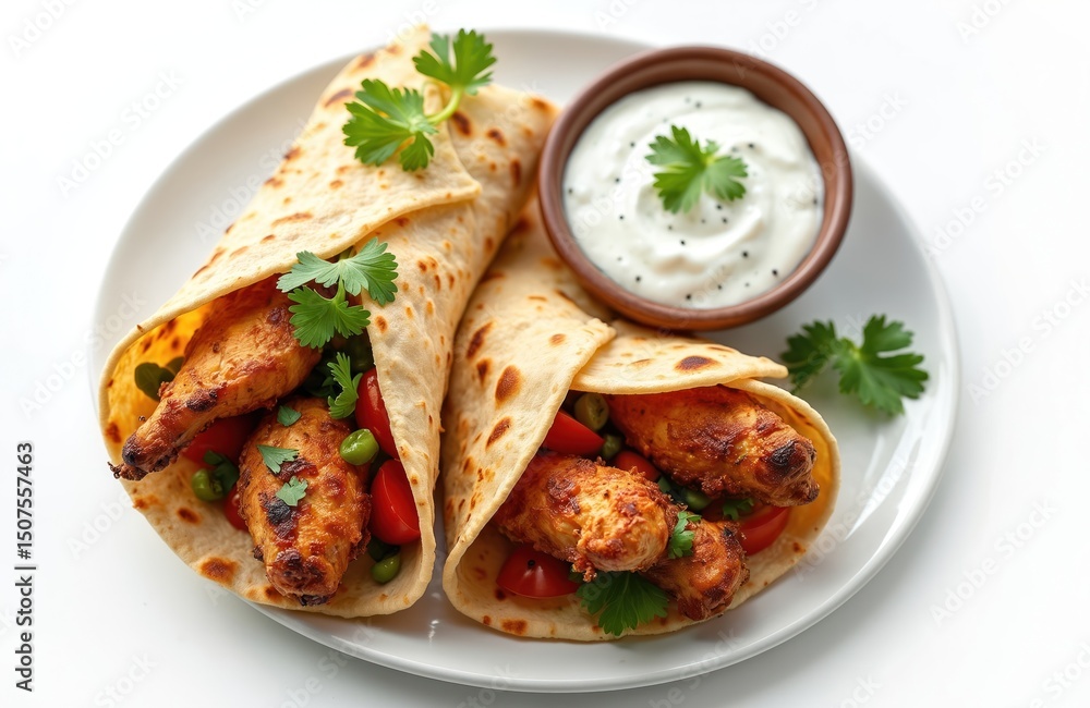 Chicken gyros with tzatziki sauce on white plate. Delicious chicken wraps with tomato pea filling. Traditional Greek cuisine, fast food. Ideal lunch dinner snack for cafe, restaurant menu. Chicken gyros with tzatziki sauce on white plate. Delicious chicken wraps with tomato pea filling. Traditional Greek cuisine, fast food. Ideal lunch dinner snack for cafe, restaurant menu.
