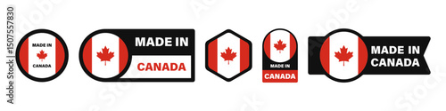 Set of vector icons and labels with “Made in Canada” text and Canadian flag design.