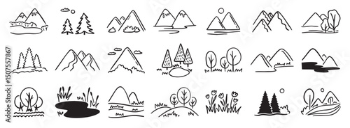 Mountains landscapes nature with pine forest, river, mount and hills doodle hand drawn icon set. Outline drawing rocky horizon environment line clipart symbol collection. 