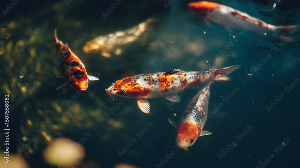 Obraz premium A group of koi fish swimming in a pond with plants and algae visible in the background water scene