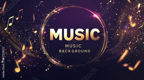 Gold musical notes and glowing lines create a stylish music background.