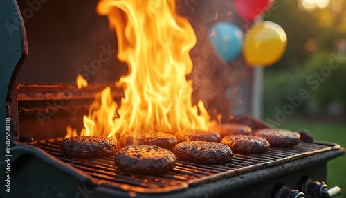 Burning grill with burgers on backyard garden party. Flames engulfing burgers with colorful balloons on blurred background. Cautionary tale grilling mishap during summer, cooking danger.