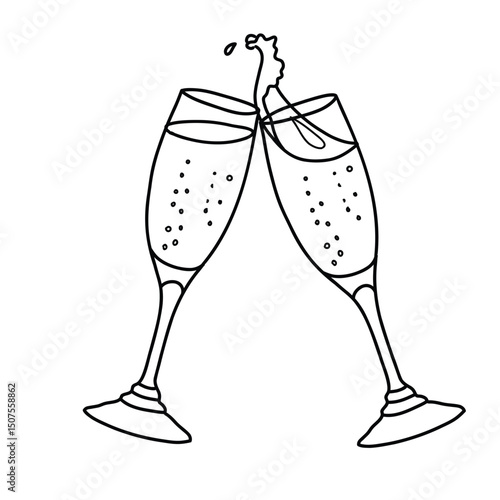 Two clinking Champagne glasses with splash in doodle style. Vector minimalistic illustration isolated on a background. For New Year or Wedding design.
