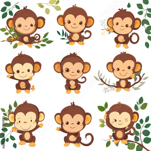 Cute Jungle Monkey Pack Clipart, Isolated Characters
