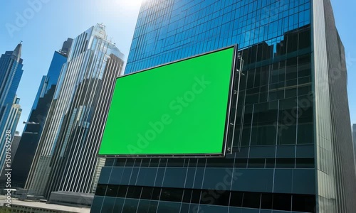 Green screen billboard, city backdrop, sunny day, advertising mockup