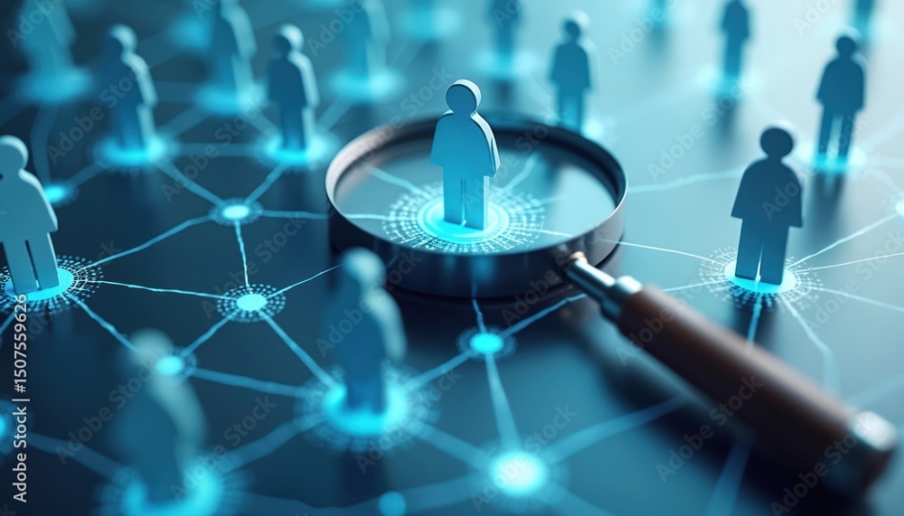 © Viktor - Magnifying glass focuses on person icon. Blurred figures interconnected by glowing lines. Concept of networking, teamwork, digital connections, business, human relationships, social media © Viktor - Magnifying glass focuses on person icon. Blurred figures interconnected by glowing lines. Concept of networking, teamwork, digital connections, business, human relationships, social media