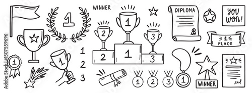 awards winner doodle hand drawn icon set. Outline drawing prizes and success items line clipart symbol collection. winner cups and medals.