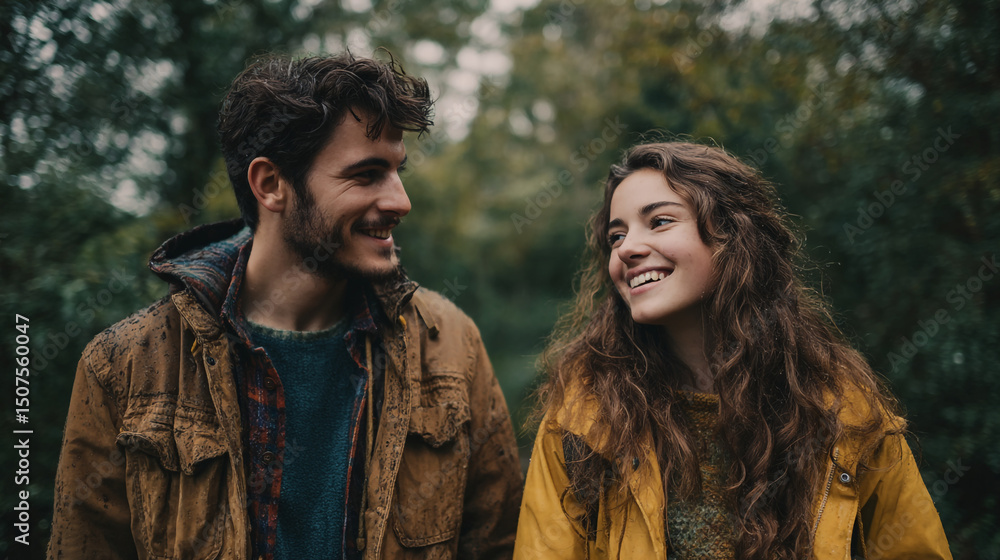 Fototapeta premium A smiling couple in jackets looking at each other in a forest setting with a blurred background