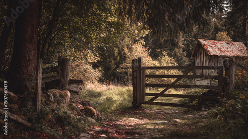 Wooden gate leading to a path in the forest with a shed in the background on a sunny day