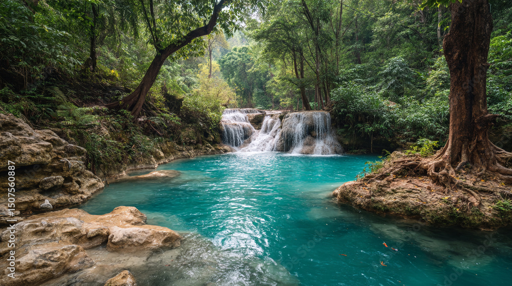 Naklejka premium A scenic view of a waterfall cascading into a turquoise pool surrounded by lush green vegetation
