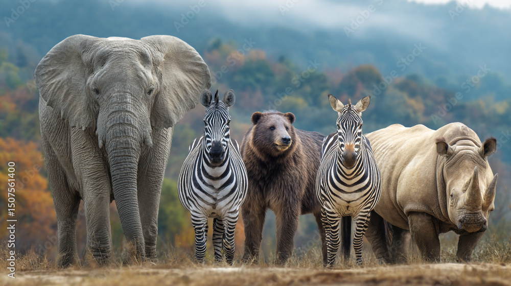 Fototapeta premium A group of diverse animals including an elephant zebras bear and rhinoceros standing together outdoors