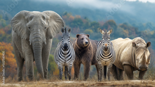A group of diverse animals including an elephant zebras bear and rhinoceros standing together outdoors