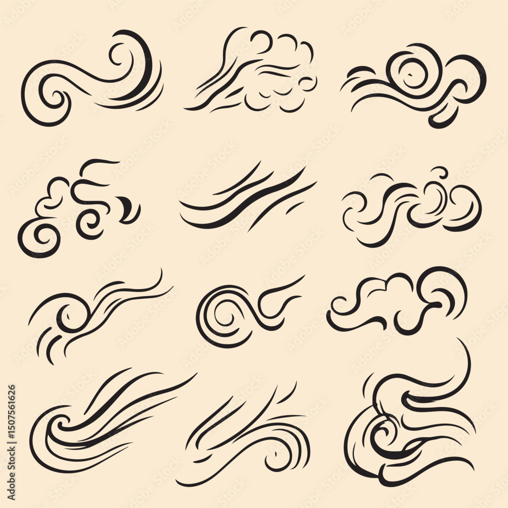 Fototapeta premium Vector illustration set of doodle wind motion