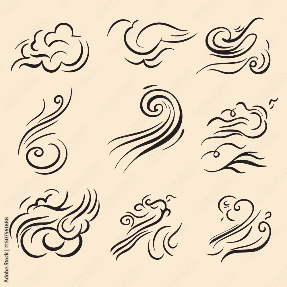 Fototapeta premium Vector illustration set of doodle wind motion