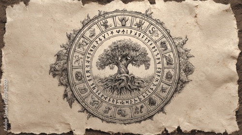 Symbolic Yggdrasil tree illustration on parchment background with mythological runes