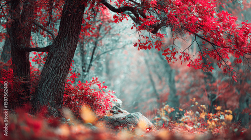 A vibrant forest scene featuring trees with red leaves and a misty background creating a dreamy effect