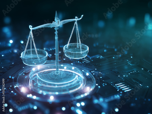 Wallpaper Mural Digital balancing scale justice, fairness in modern technology environment. Holographic scales balance on illuminated datum background of ai circuitry. Innovation concept in abstract futuristic Torontodigital.ca