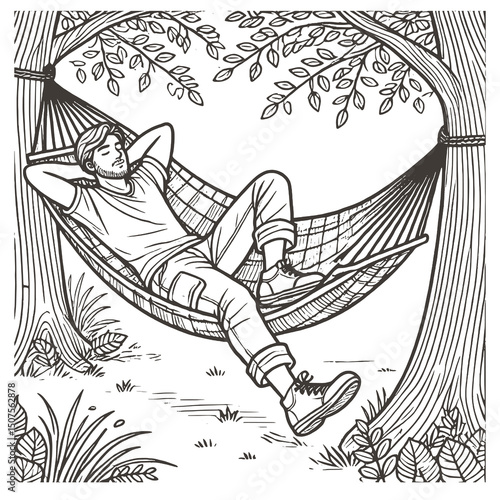 Man Relaxing in Hammock Line Art Vector Illustration