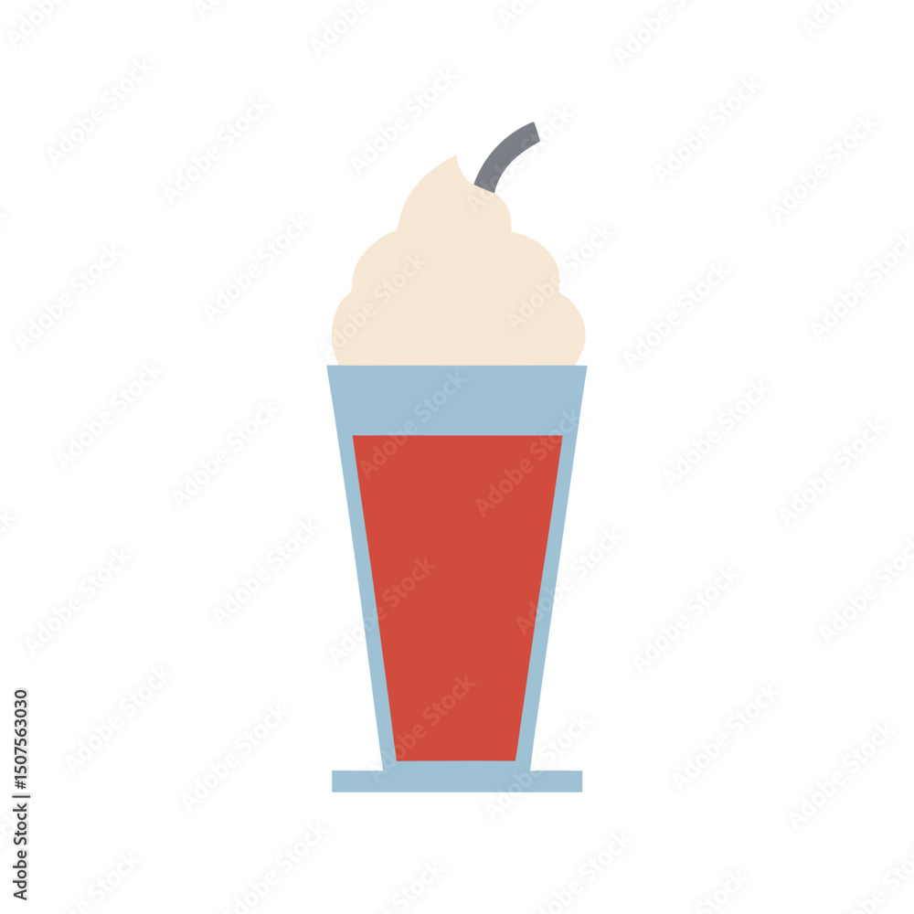 Flat Design Vector of a Milkshake Glass with Whipped Cream and Straw Colorful Dessert Icon Flat Design Vector of a Milkshake Glass with Whipped Cream and Straw Colorful Dessert Icon