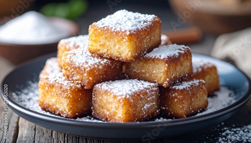 Leche Frita Cubes with Cinnamon. Traditional Spanish Food