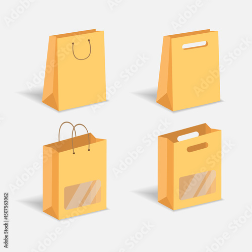 yellow color paper shopping bags set isolated on white background.