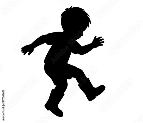 Silhouette of a Child Jumping in Puddles Wearing Boots, Outdoor Rainy Weather Play, Childhood Joy, Freedom, Playfulness and Carefree Fun

