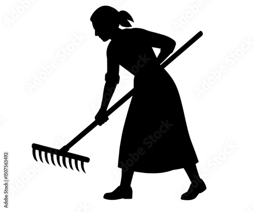 Silhouette of Woman Raking – Agricultural Labor, Rural Women’s Contribution, Manual Work, Farming Life, Garden Care, For Labor Day, Rural Women’s Day, and Agricultural Workers’ Celebrations