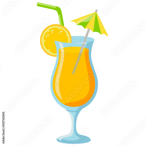 Fresh summer cocktail in glass with straw, umbrella and juicy orange slice. Cartoon vector illustration on white background.