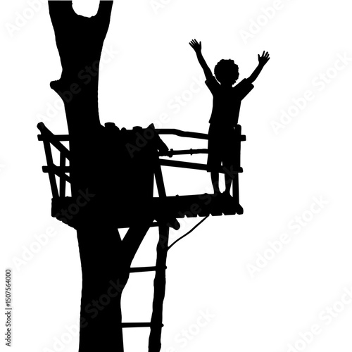 Silhouette of a Child Waving from a Treehouse – Symbol of Childhood Adventure, Outdoor Play, Nature Connection, Summer Fun, Freedom, Imagination and Creative Exploration

