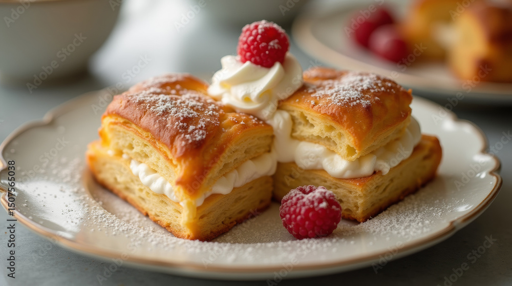 Puff pastry with cream and fresh raspberries Puff pastry with cream and fresh raspberries