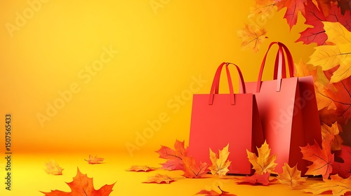 Red shopping bags surrounded by autumn leaves on a vibrant yellow background.