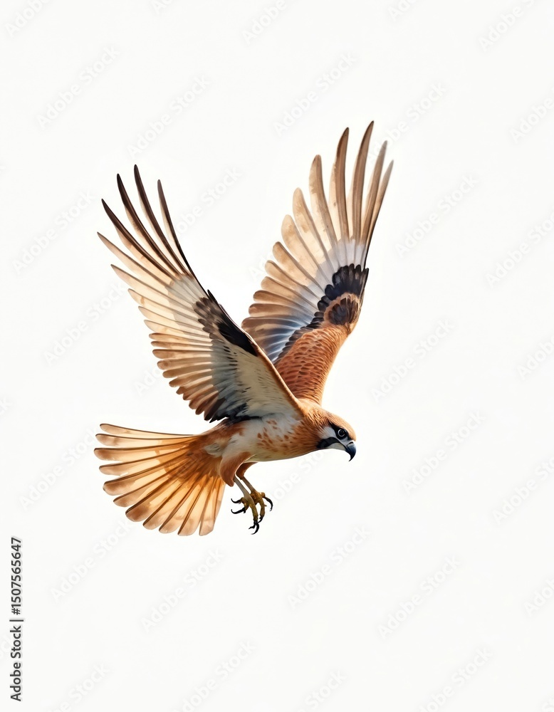 Fototapeta premium Watercolor illustration of flying bird of prey against white background. Depicted avian creature with detailed feathers wing span hunting ready to strike. Natural world concept, isolated on white