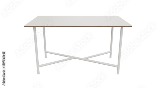 A white table with a wooden top and metal legs