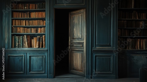 Dark library room with hidden door