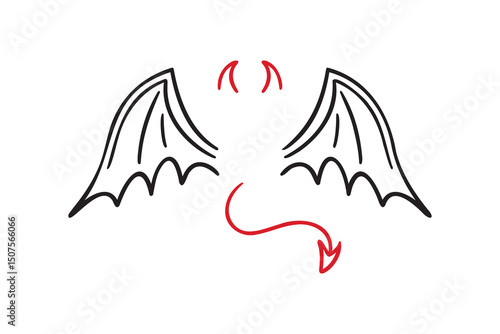 demon wings, sharp tail and horns doodle hand drawn icon set. Outline drawing demon wings, sharp tail and horns line clipart symbol collection