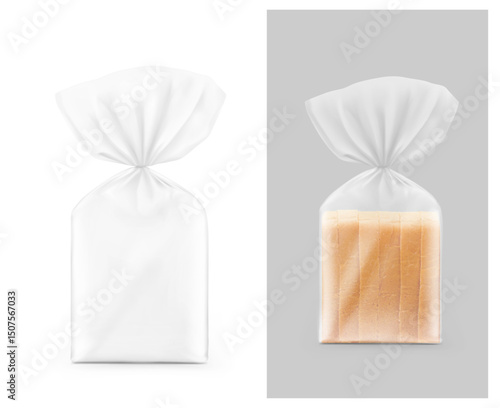 Vertical clear bag with clip band and sliced bread inside mockup. Vector illustration isolated on grey and white background. Mockup will make the presentation look as realistic as possible. EPS10.