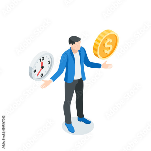 isometric vector business man spreading his arms to the sides and golden coin with dollar sign and watch, in color on white background, choice money or time
