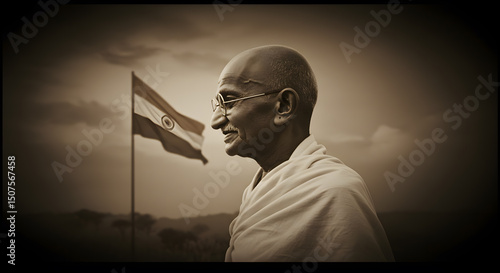 Portrait of Mahatma Gandhi with flag and historic crowd illustration