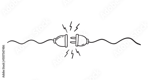 Plug inserting into electric outlet. Power socket disconnect doodle hand drawn icon. Outline drawing 404 error connection concept line clipart symbol