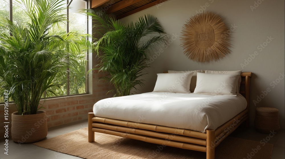 Modern bedroom with a large window on the left side. the window has a view of trees and greenery outside. Modern bedroom with a large window on the left side. the window has a view of trees and greenery outside.