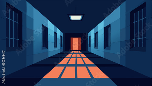 DimlyLit Hallway A long narrow prison cell block corridor with a faint overhead light casting shadows. Cell doors line both sides some slightly ajar.