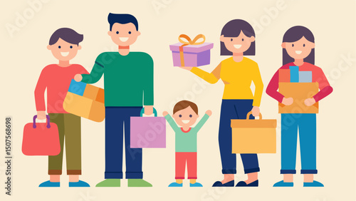 Family Shopping Day A family of four two adults and two children happily sorting through various shopping bags and boxes with the kids holding up their new toys.